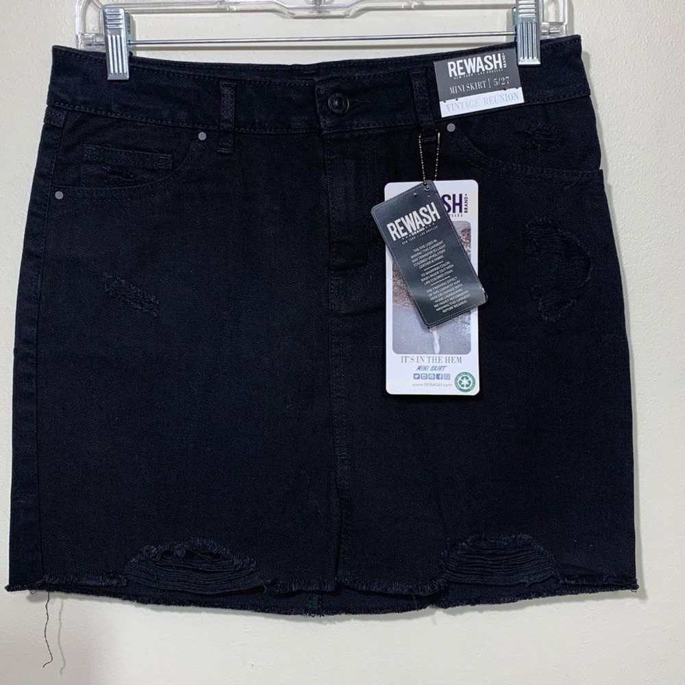 Rewash Mini Skirt Womens 5/27 Black Distressed Denim‎ Raw Hem Vintage Reunion